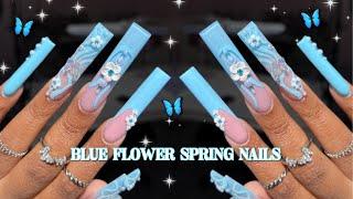 BABY BLUE FLOWER AND BUTTERFLY SPRING NAILS | ACRYLIC OMBRE NAIL HACK ON XL NAILS | NAIL INSPO