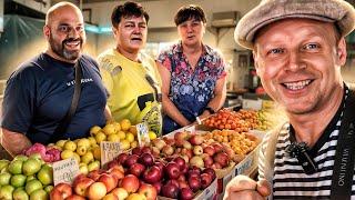 Odessa summer prices at the market. Lard meat vegetables fruits