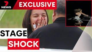 Pop star Olivia Rodrigo flies out, bandaged after her shock Melbourne stage fall | 7NEWS