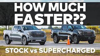 Supercharged GMC Sierra AT4 vs Stock // Drag Race Comparison // GOLIATH 650 by HENNESSEY