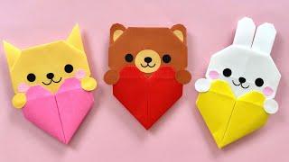 折り紙 簡単 可愛い ネコ ウサギ クマ ハート 折り方 Cute Origami Cat Rabbit Bear Heart バレンタイン ホワイトデー 動物 Paper Craft DIY