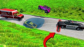 Police Cars VS Giant Speed Bump VS Deep Water (Bonus Truck) - BeamNG.Drive