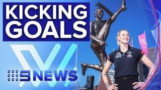 ‘The Kick’ by AFLW star Tayla Harris immortalised in bronze statue | Nine News Australia