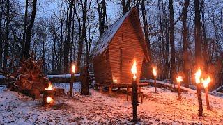 Winter Bushcraft Cabin, Wood Stove, Swedish Torch, Life Off Grid