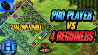 Professional Player vs 4 Beginners On AMAZON TUNNEL | AoE2