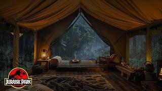 Jurassic Park Ambience | Camping in Forest with Rain on Tent Sound, Dinosaur Rampage | Sleep Well