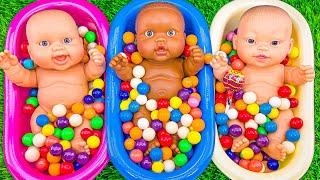 3 Minutes Satisfying ASMR | Mixing M&M's Candy & Gum Balls in 3 Bathtubs with Magic Make Up Slime