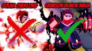 Crimson Demon Ninja VS Solar Overlord who is better? Roblox Anime Defenders