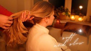 ASMR whispered  super slow & soft real person hair pulling, brushing & massage w/o ambient music