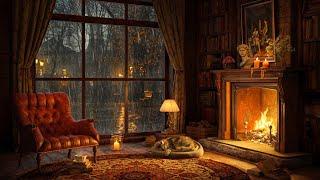 Rainy Autumn Day in Cozy Reading Nook Ambience  Slow Jazz Music & Relaxing Rain 4K