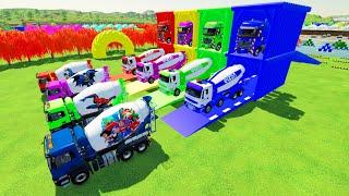 TRANSPORTING ALL COLORFUL MIXER TRUCK WITH DOUBLE FLATBED TRAILER TRUCK, IVECO, SCANIA, MACK, KRAZ