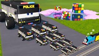 Big & Small Long Bus Police Monster Truck McQueen Spiked Thorns vs Thomas the Train - BeamNG.drive