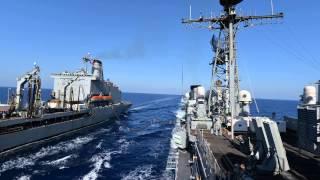 Replenishment-at-sea USS Vella Gulf (CG 72) and USNS Leroy Grumman (T-AO 195)