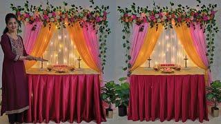 simple & Easy ganpati backdrop decoration ideas for home / Table skirting using saree at home