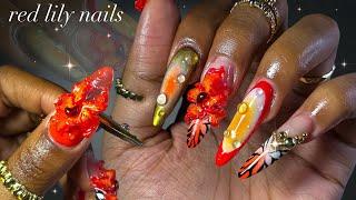 Red Lily Nails| acrylic nails freestyle + 3D flower nail art!