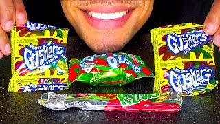 ASMR EATING GUSHERS FRUIT ROLL UPS CANDY NO TALKING MUKBANG JERRY TREATS PARTY FRUIT SNACKS