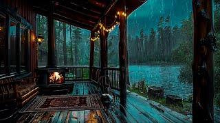 Rain in The Lakeside Wooden Porch ️ Rainy Day and Bonfire for Deep Sleep and Relaxation