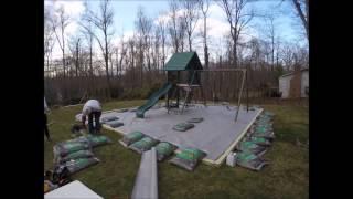 Wood border and rubber mulch around the playset