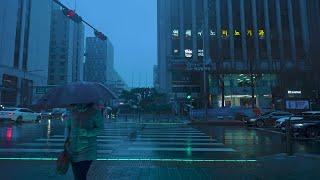 Walking to work in the morning at the raining Cyberpunk Gangnam Seoul | Ambience | Aesthetic | 4K