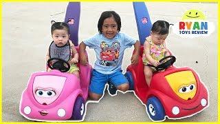 Twin Babies riding Step2 Push Around Buggy Car!