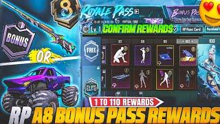 BGMI NEXT ROYAL PASS | A8 RP BONUS PASS 1 TO 110 REWARDS | BGMI A8 ROYAL PASS 1 TO 100 RP REWARDS