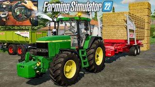 Steering wheel & gearshift gameplay | Collecting bales & Loading canola (Farming Simulator 22)
