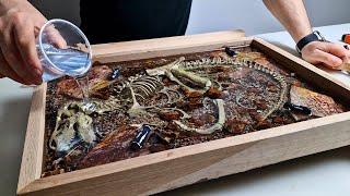 Coffee Table Made of Oak and Epoxy Resin with Led Jurassic Park