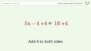 Solve 5x-4=16: Linear Equation Video Solution | Tiger Algebra