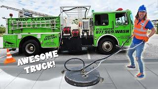Fire Washing Truck | Handyman Hal uses a Fire Truck to Pressure Wash | Awesome Trucks for Kids