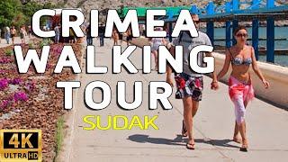 Walking tour Crimea Russia 4k beach. Walk along the embankment of the city of Sudak. Walking tour 4k