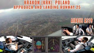 KRAKOW (KRK): Airbus A319 | Full approach + landing  runway 25 | Cockpit +  pilots views | 5 cameras