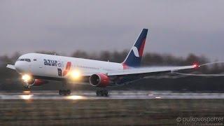 Wing condensation & vortex snakes | Azur Air Boeing 767-300ER | rainy evening landing