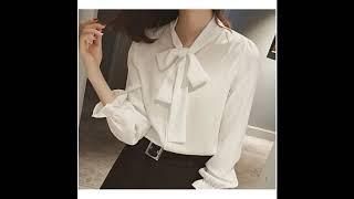 WOMEN SWEET BOW TIE NECK RUFFLES CHIFFON SHIRTS LONG SLEEVE LOOSE BLOUSE LADIES CASUAL TOPS BLUSAS S