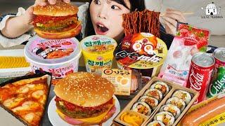 ASMR MUKBANG Korean Convenience Store Food Tteokbokki, Cup noodles, Hamburger, Sausage, Pizza
