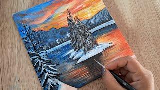 Easy to Paint a Winter Snowy Sunset Acrylic Painting For Beginners Step by Step