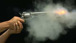 Slow Motion Handgun Firing Bullet from Revolver with Recoil & Gunshot Muzzle Flash in HD Video View