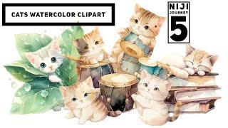 Midjourney Niji 5 prompts cats watercolor clipart