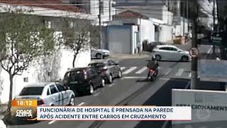 Funcionária de hospital é prensada contra a parede após acidente entre carros, em Franca