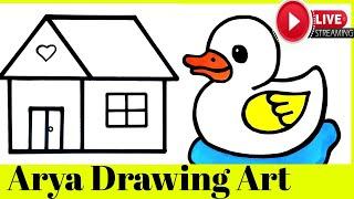 LIVE  ARYA DRAWING ART HOW TO DRAW HOUSE AND DUCK ......