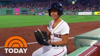 Dylan Dreyer tries her hand at fielding foul balls at Fenway