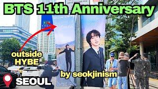BTS JIN Flags outside HYBE Building and BTS 11th Anniversary Cafe Events! 
