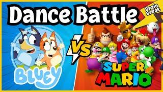 Dance Battle: Bluey VS Super Mario | Brain Break | Just Dance | PE warmup | GoNoodle inspired