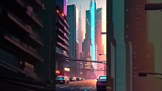 Cyberpunk cityscape: modern skyscrapers with bright lighting, flying cars and invisible billboards