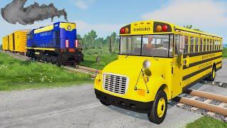 Truck Rescue Bus Cars - Bus vs Train Rails #4   BeamNG Drive