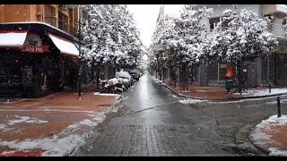 Larissa city in Greece winter snow walking tour