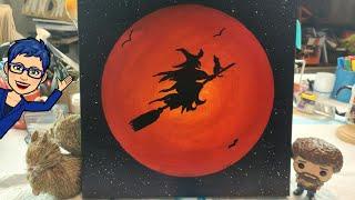 Day 1 of Halloween Week. Bob Ross stopped by.We painted an autumn moon with a witch on a broom. #472