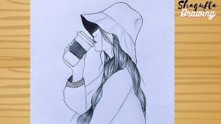 How to draw a girl drinking coffee - pencil sketch / Beautiful girl drawing wearing hat / Art video