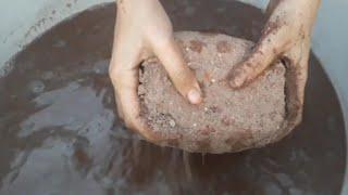 Brownish red dirt dirt blocks crunchiness crumbling in water+paste play ASMR crumbling video 