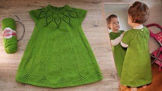 Круглая кокетка «Листья» спицами для детского платья (часть 3) Baby Dress with Round Yoke 