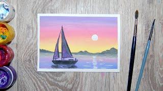 Рисуем закат и парусник на море. Правополушарное рисование